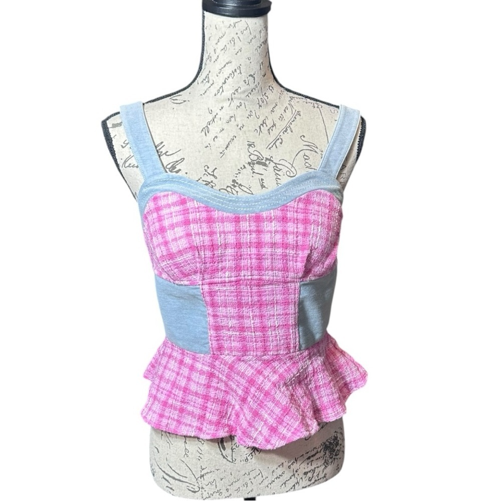 Christian Siriano Pink and Gray Plaid Peplum Bra Top / Crop Top Size Small